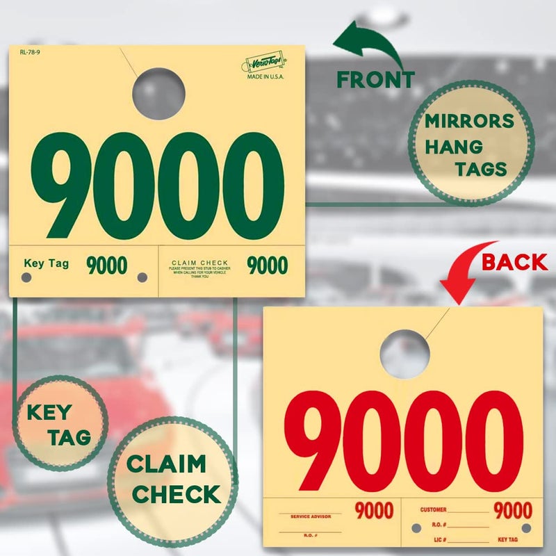 Versa-Tags 1000 Automotive Service Dispatch Numbers Mirror Hang Tags Numbered 9000-9999 RL78 Style Red Green Service Dispatch Numbers Manilla Card Stock with 1.25 Slotted Hang Cutout - Image 5